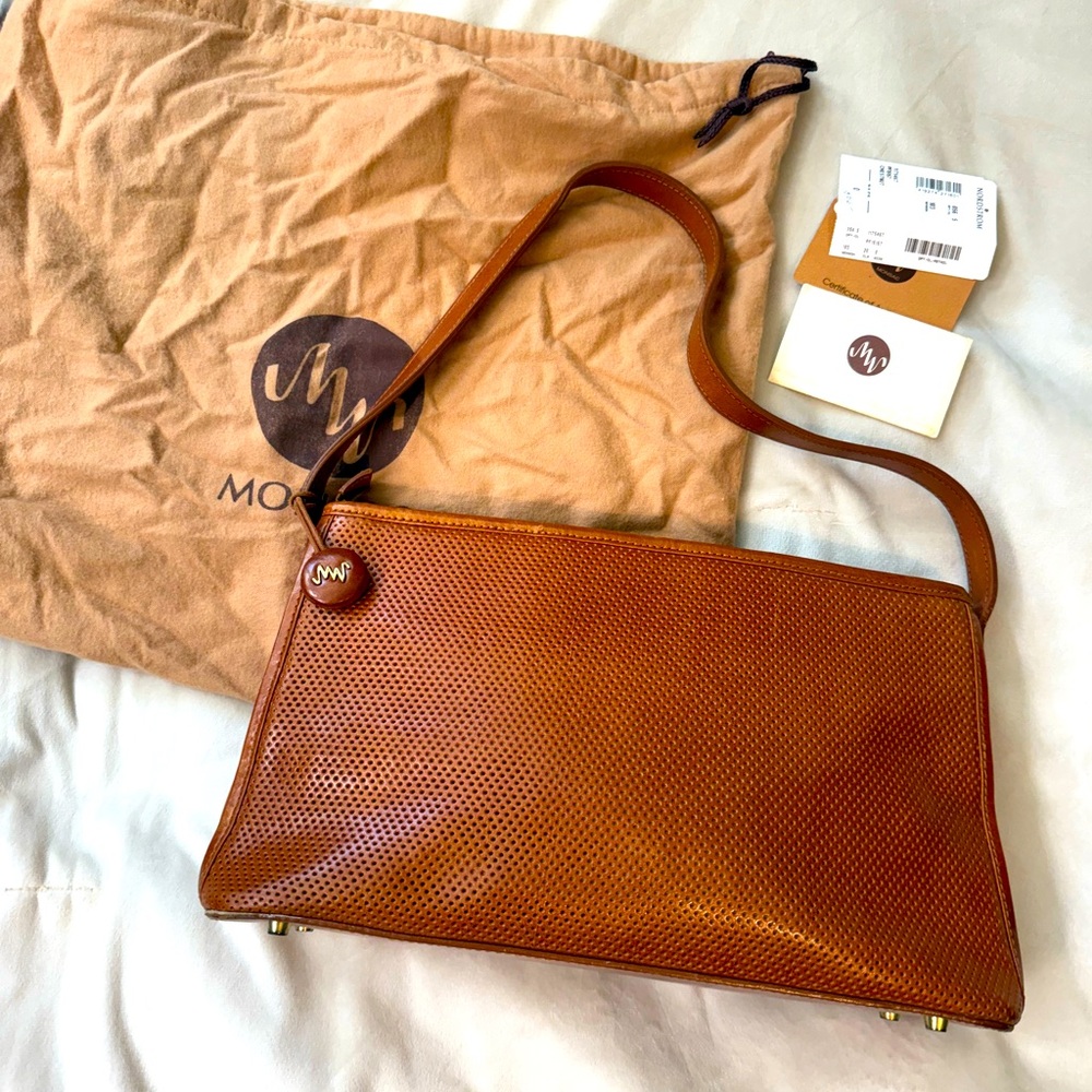 Monsac Tan Perforated Leather Shoulder Bag w/ Dustbag